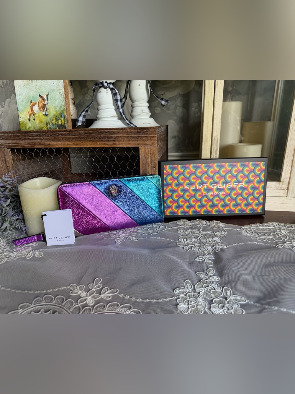 NWT Kurt Geiger Iridescent Purple Blue Teal Metallic Large Zip around Wallet